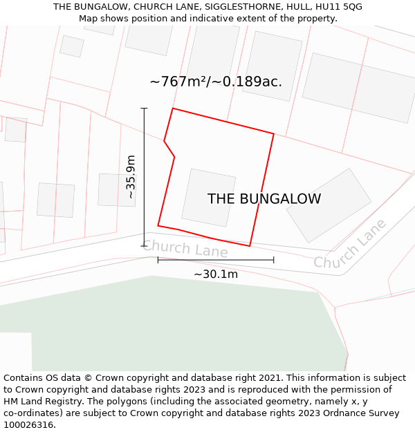 THE BUNGALOW, CHURCH LANE, SIGGLESTHORNE, HULL, HU11 5QG: Plot and title map