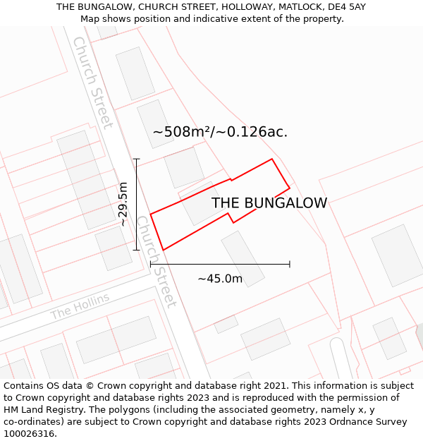 THE BUNGALOW, CHURCH STREET, HOLLOWAY, MATLOCK, DE4 5AY: Plot and title map