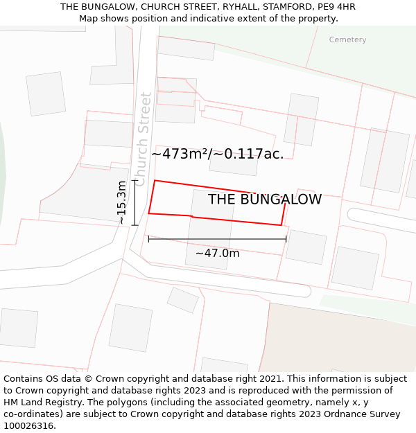 THE BUNGALOW, CHURCH STREET, RYHALL, STAMFORD, PE9 4HR: Plot and title map