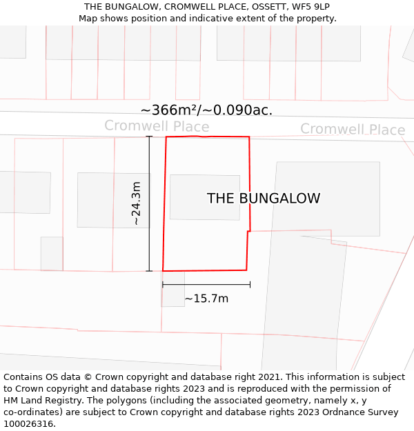 THE BUNGALOW, CROMWELL PLACE, OSSETT, WF5 9LP: Plot and title map