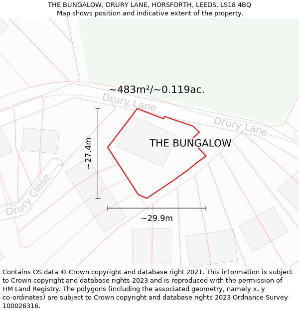 THE BUNGALOW, DRURY LANE, HORSFORTH, LEEDS, LS18 4BQ: Plot and title map