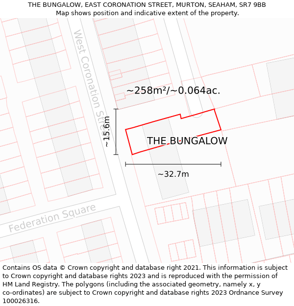 THE BUNGALOW, EAST CORONATION STREET, MURTON, SEAHAM, SR7 9BB: Plot and title map