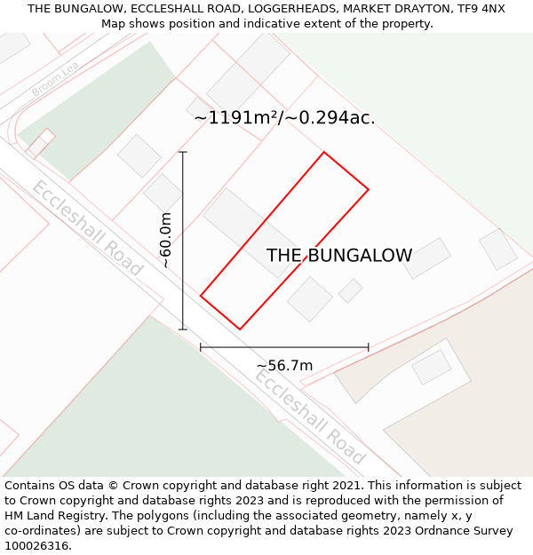 THE BUNGALOW, ECCLESHALL ROAD, LOGGERHEADS, MARKET DRAYTON, TF9 4NX: Plot and title map