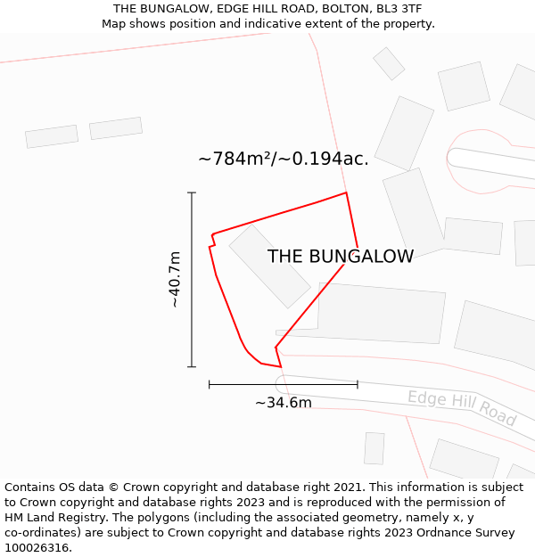 THE BUNGALOW, EDGE HILL ROAD, BOLTON, BL3 3TF: Plot and title map