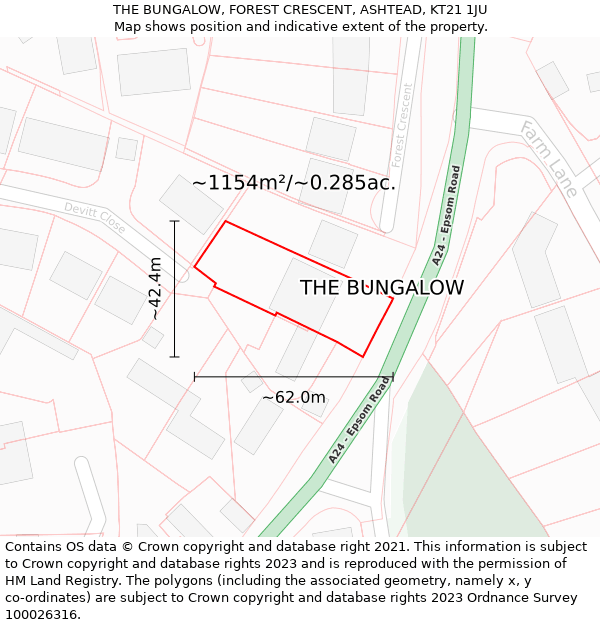 THE BUNGALOW, FOREST CRESCENT, ASHTEAD, KT21 1JU: Plot and title map