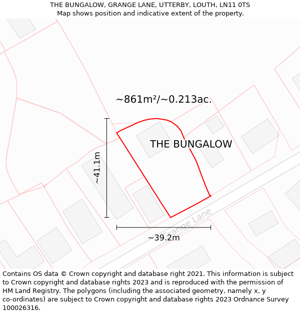 THE BUNGALOW, GRANGE LANE, UTTERBY, LOUTH, LN11 0TS: Plot and title map