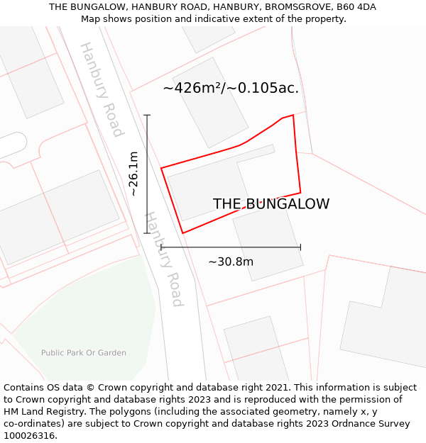 THE BUNGALOW, HANBURY ROAD, HANBURY, BROMSGROVE, B60 4DA: Plot and title map