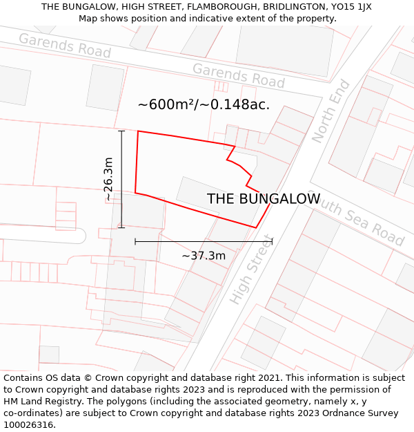 THE BUNGALOW, HIGH STREET, FLAMBOROUGH, BRIDLINGTON, YO15 1JX: Plot and title map
