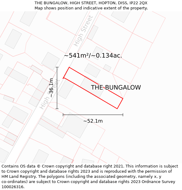 THE BUNGALOW, HIGH STREET, HOPTON, DISS, IP22 2QX: Plot and title map