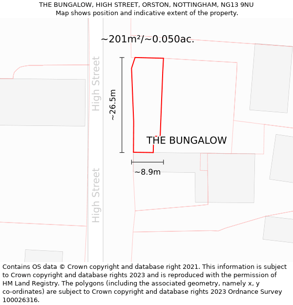 THE BUNGALOW, HIGH STREET, ORSTON, NOTTINGHAM, NG13 9NU: Plot and title map