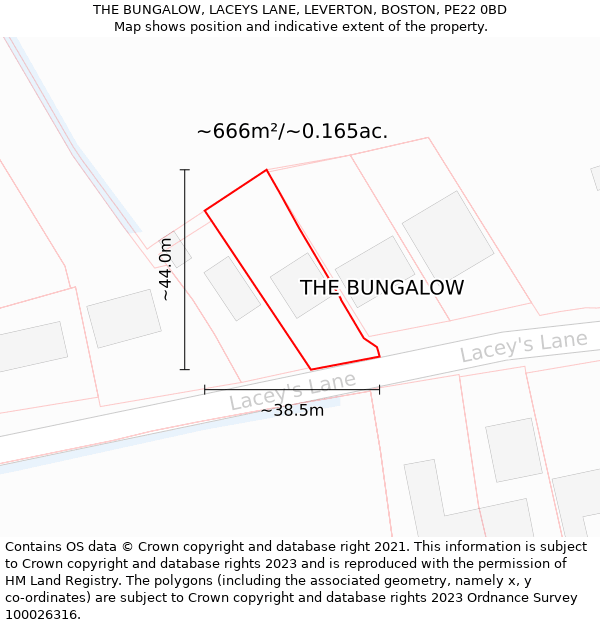 THE BUNGALOW, LACEYS LANE, LEVERTON, BOSTON, PE22 0BD: Plot and title map