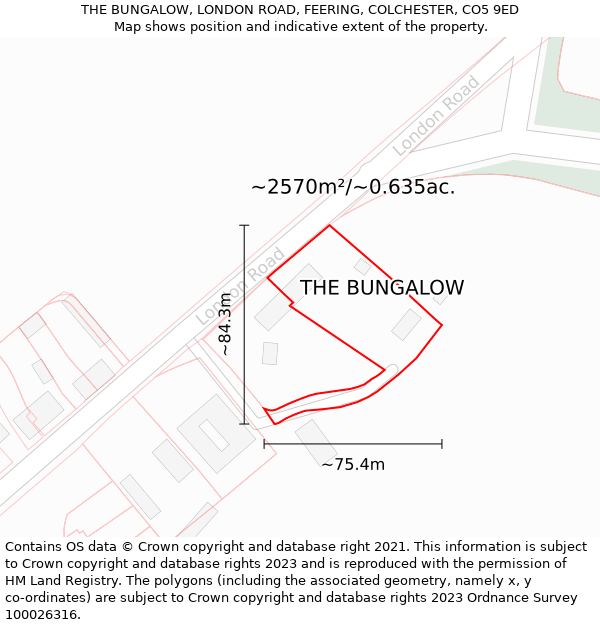 THE BUNGALOW, LONDON ROAD, FEERING, COLCHESTER, CO5 9ED: Plot and title map