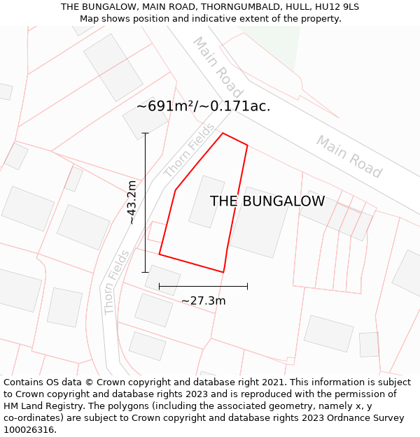THE BUNGALOW, MAIN ROAD, THORNGUMBALD, HULL, HU12 9LS: Plot and title map