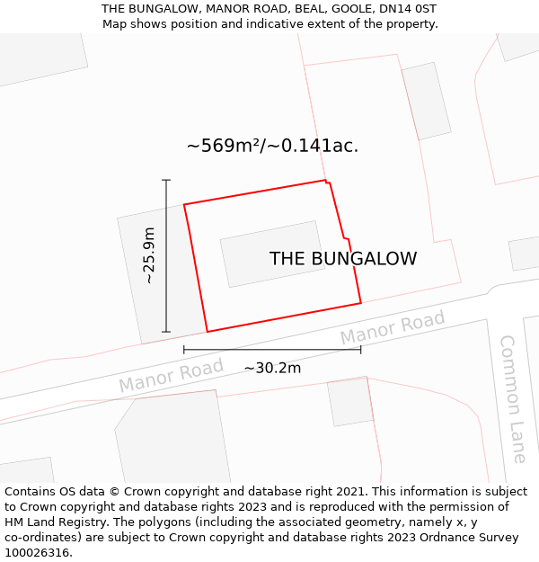 THE BUNGALOW, MANOR ROAD, BEAL, GOOLE, DN14 0ST: Plot and title map