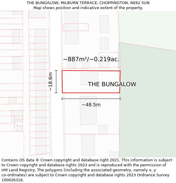 THE BUNGALOW, MILBURN TERRACE, CHOPPINGTON, NE62 5UN: Plot and title map