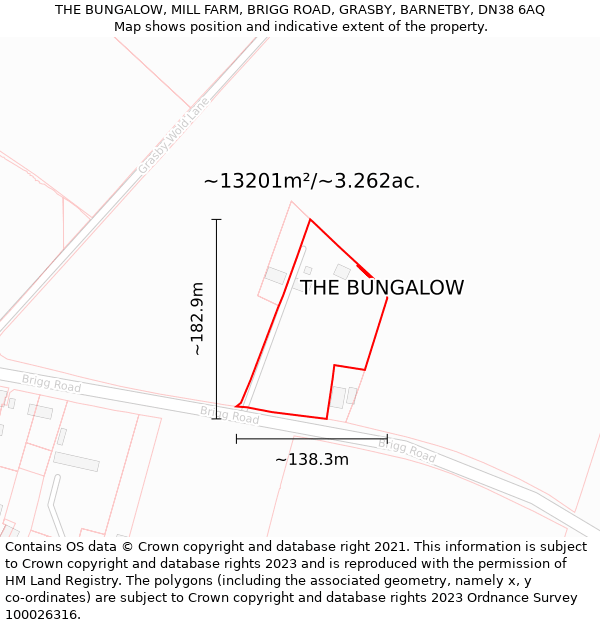 THE BUNGALOW, MILL FARM, BRIGG ROAD, GRASBY, BARNETBY, DN38 6AQ: Plot and title map