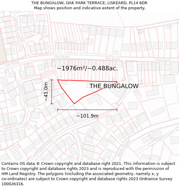 THE BUNGALOW, OAK PARK TERRACE, LISKEARD, PL14 6DR: Plot and title map