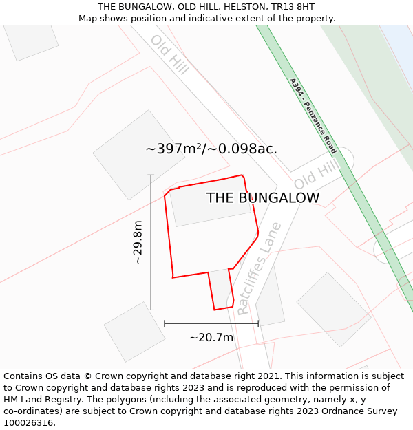 THE BUNGALOW, OLD HILL, HELSTON, TR13 8HT: Plot and title map