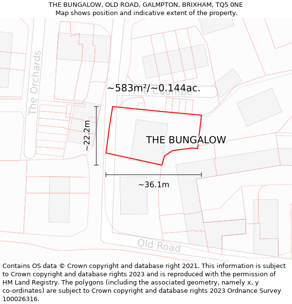 THE BUNGALOW, OLD ROAD, GALMPTON, BRIXHAM, TQ5 0NE: Plot and title map
