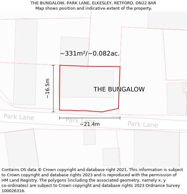THE BUNGALOW, PARK LANE, ELKESLEY, RETFORD, DN22 8AR: Plot and title map