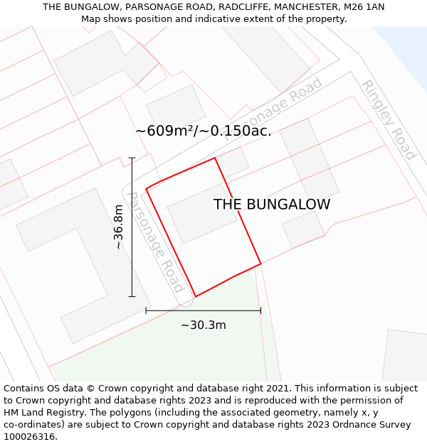 THE BUNGALOW, PARSONAGE ROAD, RADCLIFFE, MANCHESTER, M26 1AN: Plot and title map