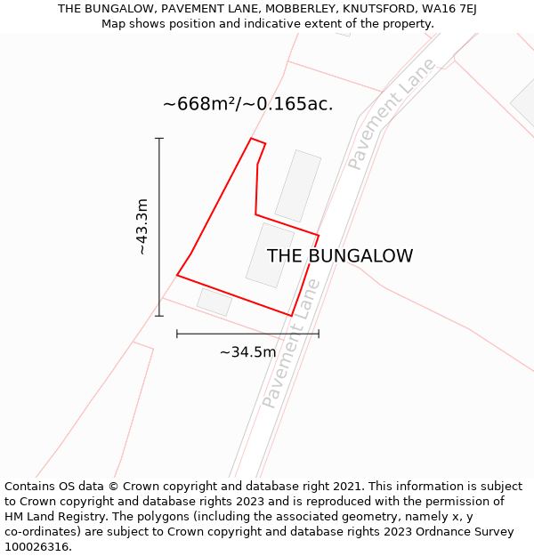 THE BUNGALOW, PAVEMENT LANE, MOBBERLEY, KNUTSFORD, WA16 7EJ: Plot and title map