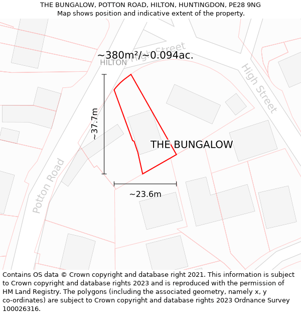 THE BUNGALOW, POTTON ROAD, HILTON, HUNTINGDON, PE28 9NG: Plot and title map