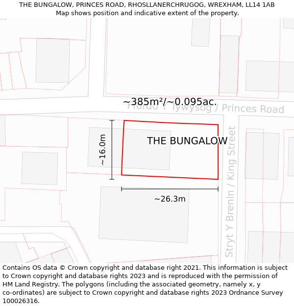 THE BUNGALOW, PRINCES ROAD, RHOSLLANERCHRUGOG, WREXHAM, LL14 1AB: Plot and title map