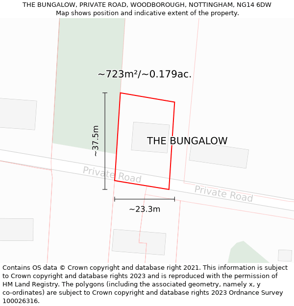 THE BUNGALOW, PRIVATE ROAD, WOODBOROUGH, NOTTINGHAM, NG14 6DW: Plot and title map