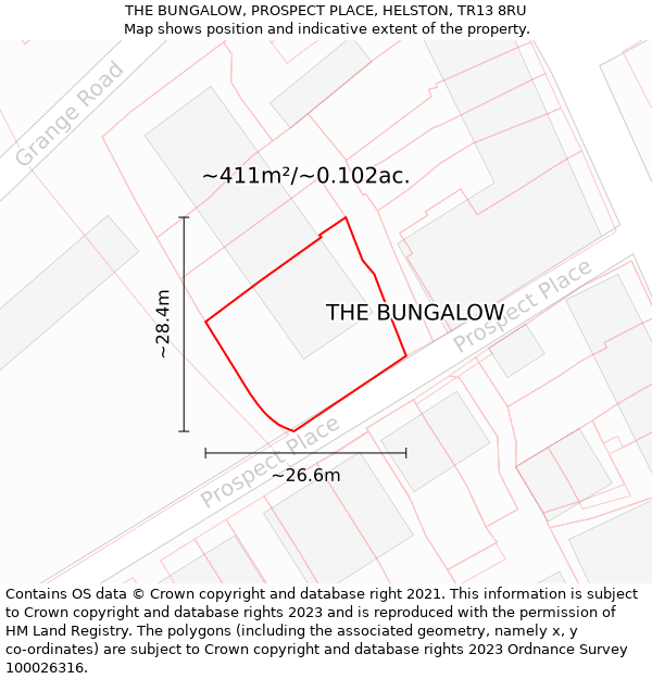 THE BUNGALOW, PROSPECT PLACE, HELSTON, TR13 8RU: Plot and title map