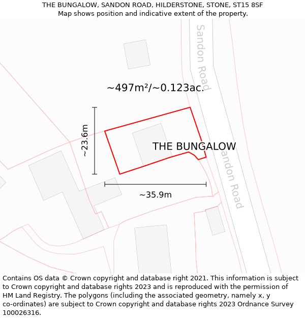 THE BUNGALOW, SANDON ROAD, HILDERSTONE, STONE, ST15 8SF: Plot and title map