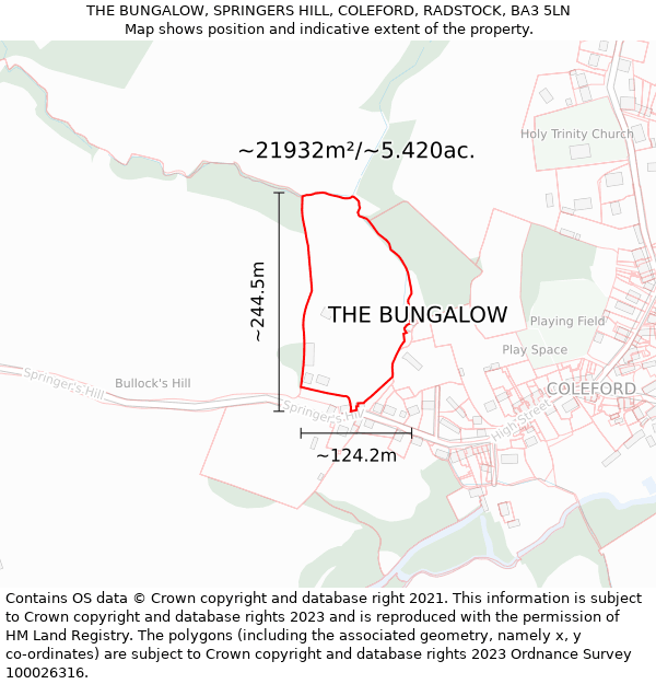 THE BUNGALOW, SPRINGERS HILL, COLEFORD, RADSTOCK, BA3 5LN: Plot and title map