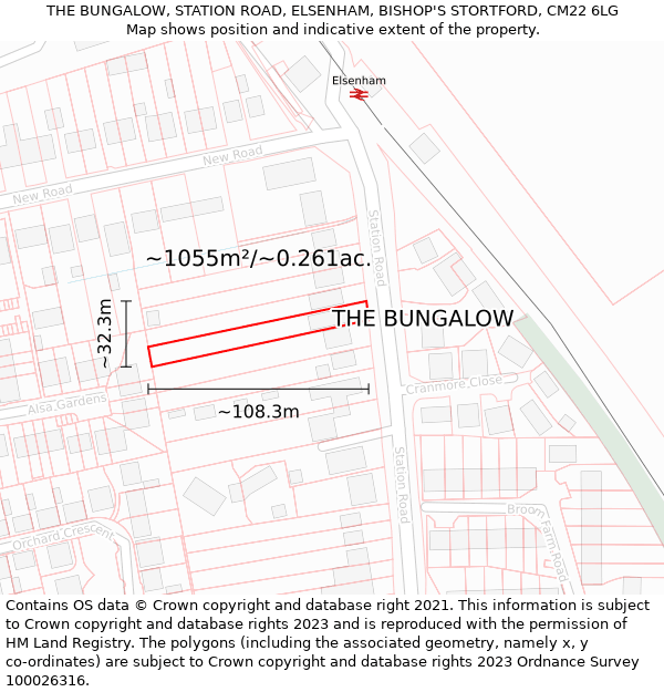 THE BUNGALOW, STATION ROAD, ELSENHAM, BISHOP'S STORTFORD, CM22 6LG: Plot and title map