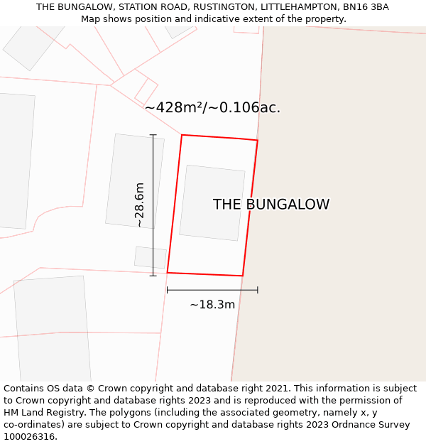 THE BUNGALOW, STATION ROAD, RUSTINGTON, LITTLEHAMPTON, BN16 3BA: Plot and title map