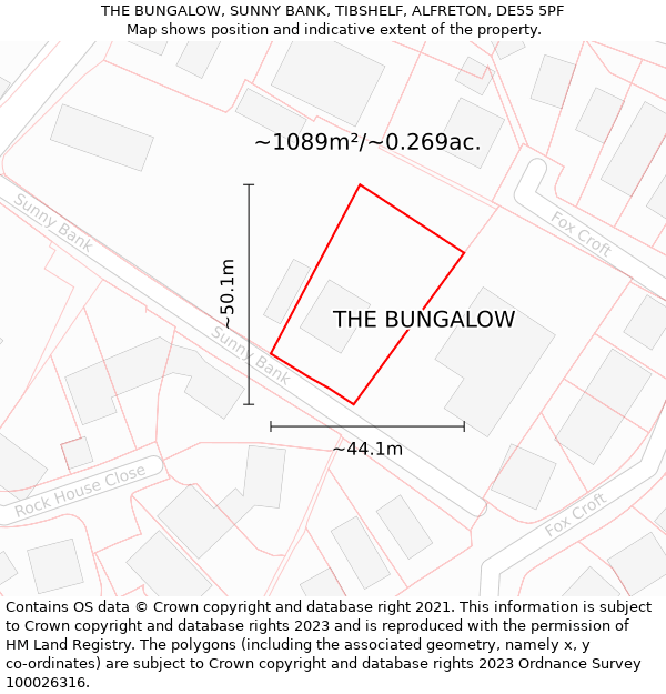 THE BUNGALOW, SUNNY BANK, TIBSHELF, ALFRETON, DE55 5PF: Plot and title map