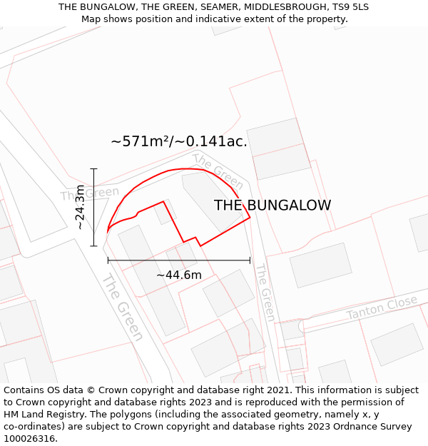 THE BUNGALOW, THE GREEN, SEAMER, MIDDLESBROUGH, TS9 5LS: Plot and title map