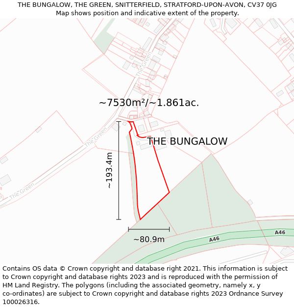 THE BUNGALOW, THE GREEN, SNITTERFIELD, STRATFORD-UPON-AVON, CV37 0JG: Plot and title map