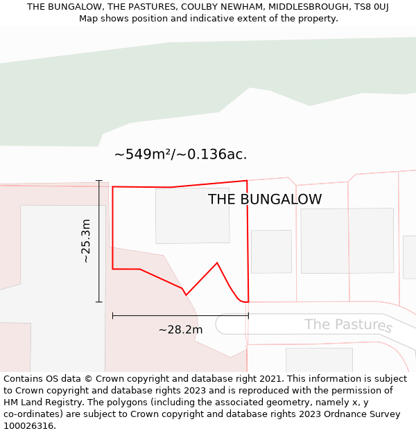 THE BUNGALOW, THE PASTURES, COULBY NEWHAM, MIDDLESBROUGH, TS8 0UJ: Plot and title map