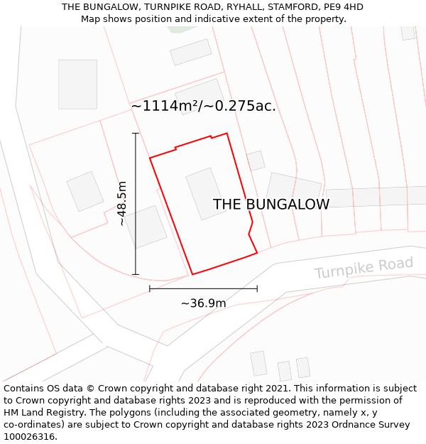 THE BUNGALOW, TURNPIKE ROAD, RYHALL, STAMFORD, PE9 4HD: Plot and title map