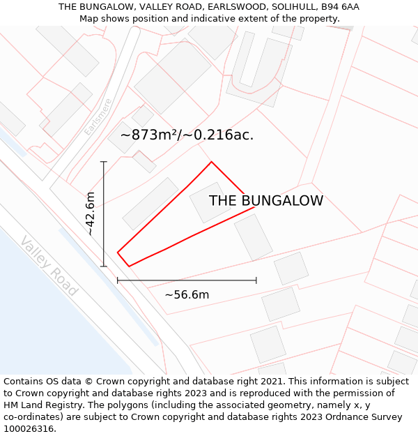 THE BUNGALOW, VALLEY ROAD, EARLSWOOD, SOLIHULL, B94 6AA: Plot and title map