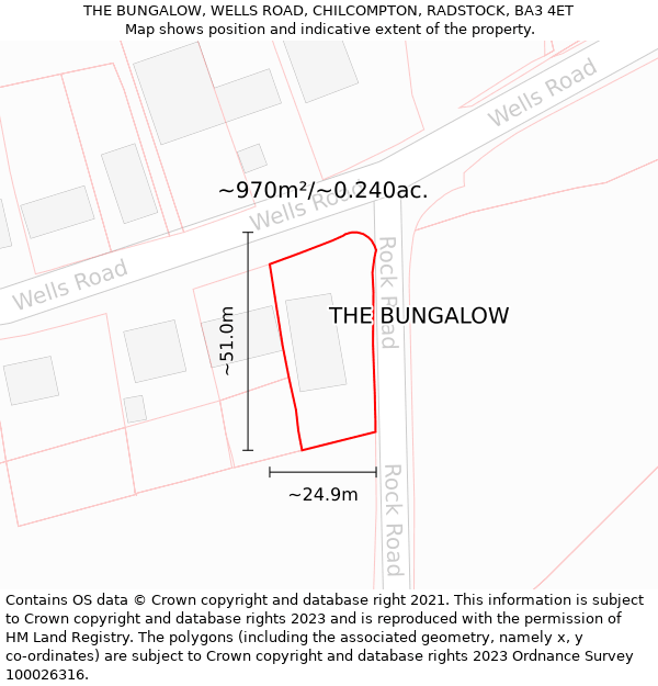THE BUNGALOW, WELLS ROAD, CHILCOMPTON, RADSTOCK, BA3 4ET: Plot and title map