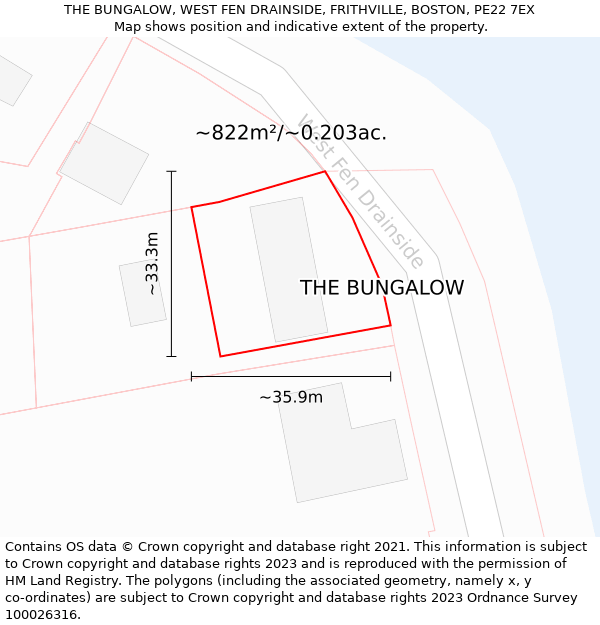 THE BUNGALOW, WEST FEN DRAINSIDE, FRITHVILLE, BOSTON, PE22 7EX: Plot and title map
