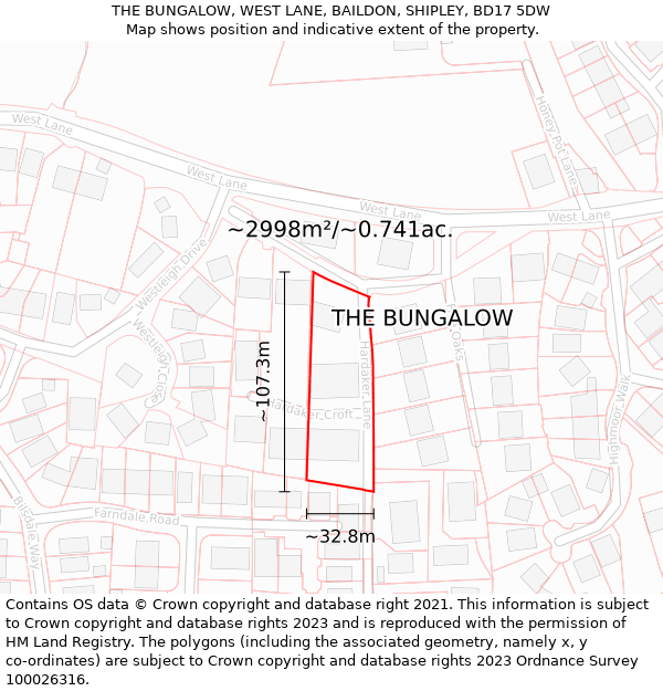 THE BUNGALOW, WEST LANE, BAILDON, SHIPLEY, BD17 5DW: Plot and title map