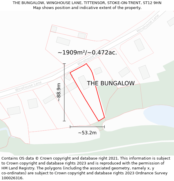 THE BUNGALOW, WINGHOUSE LANE, TITTENSOR, STOKE-ON-TRENT, ST12 9HN: Plot and title map