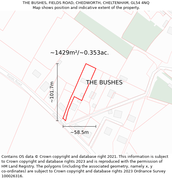 THE BUSHES, FIELDS ROAD, CHEDWORTH, CHELTENHAM, GL54 4NQ: Plot and title map