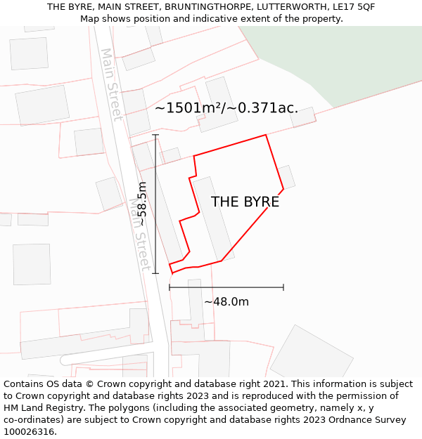 THE BYRE, MAIN STREET, BRUNTINGTHORPE, LUTTERWORTH, LE17 5QF: Plot and title map