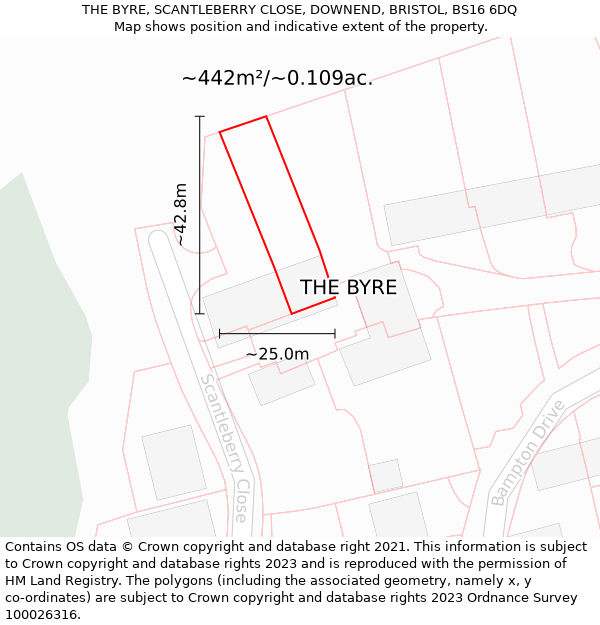 THE BYRE, SCANTLEBERRY CLOSE, DOWNEND, BRISTOL, BS16 6DQ: Plot and title map