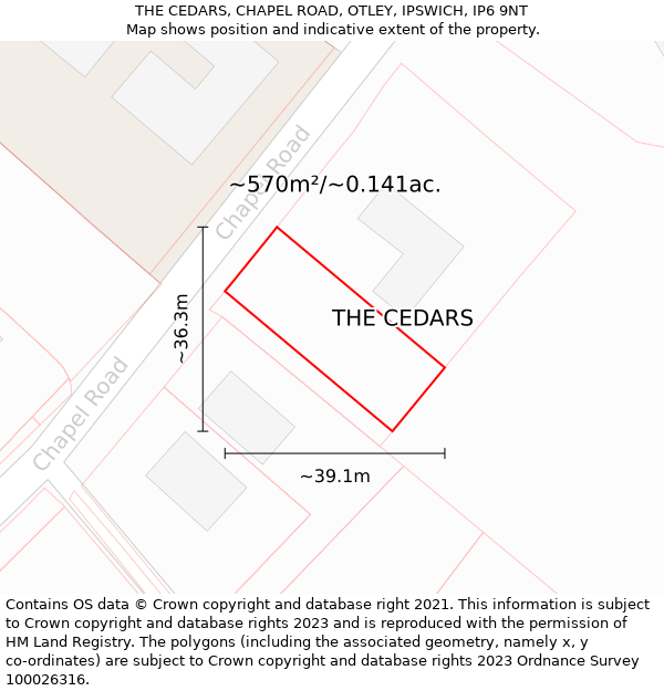 THE CEDARS, CHAPEL ROAD, OTLEY, IPSWICH, IP6 9NT: Plot and title map