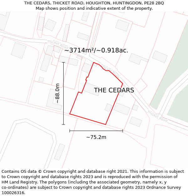 THE CEDARS, THICKET ROAD, HOUGHTON, HUNTINGDON, PE28 2BQ: Plot and title map