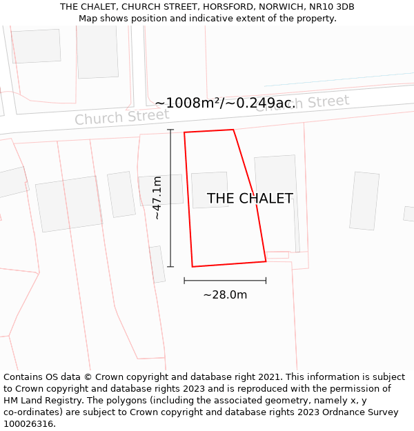 THE CHALET, CHURCH STREET, HORSFORD, NORWICH, NR10 3DB: Plot and title map